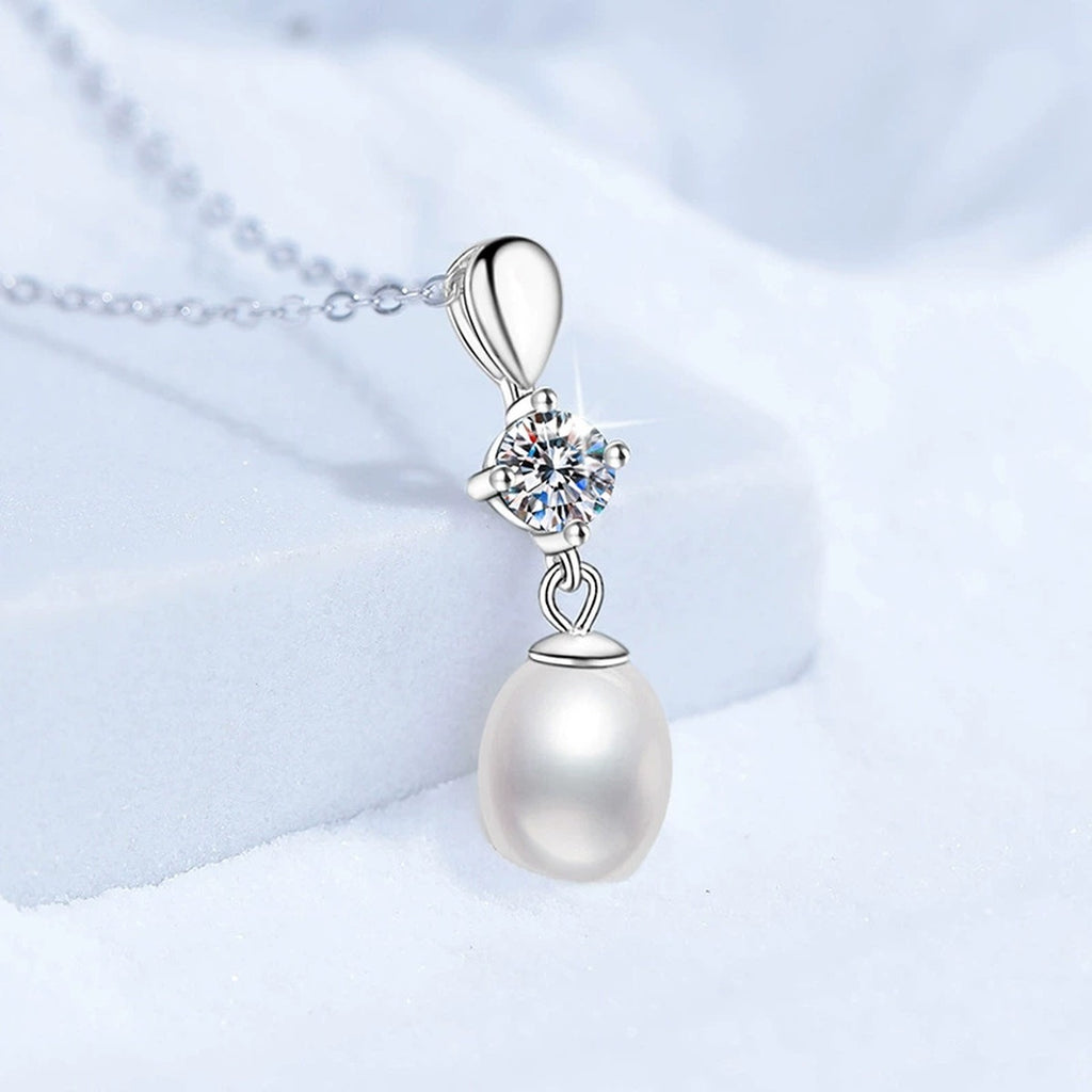 Drop Moissanite Freshwater Pearl Pendant Necklace in White Gold-Plated S925 Sterling Silver close-up product detail view