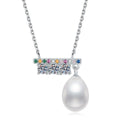 Bar Moissanite Freshwater Pearl Pendant Necklace with Cubic Zirconia in White Gold-Plated S925 Sterling Silver on clean white background showing the horizontal bar pendant with a freshwater pearl and moissanite detail