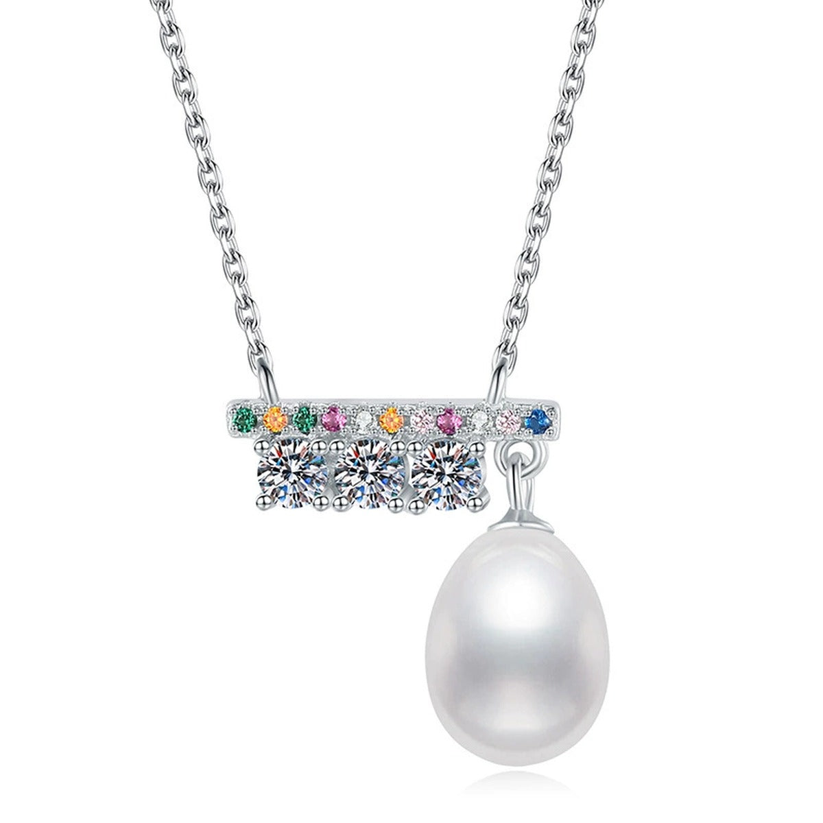 Bar Moissanite Freshwater Pearl Pendant Necklace with Cubic Zirconia in White Gold-Plated S925 Sterling Silver on clean white background showing the horizontal bar pendant with a freshwater pearl and moissanite detail