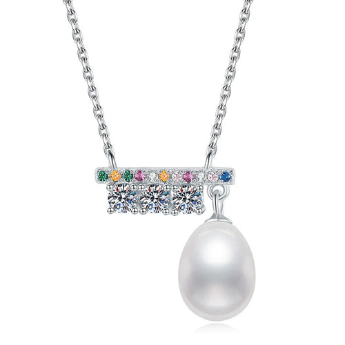 Bar Moissanite Freshwater Pearl Pendant Necklace with Cubic Zirconia in White Gold-Plated S925 Sterling Silver on clean white background showing the horizontal bar pendant with a freshwater pearl and moissanite detail