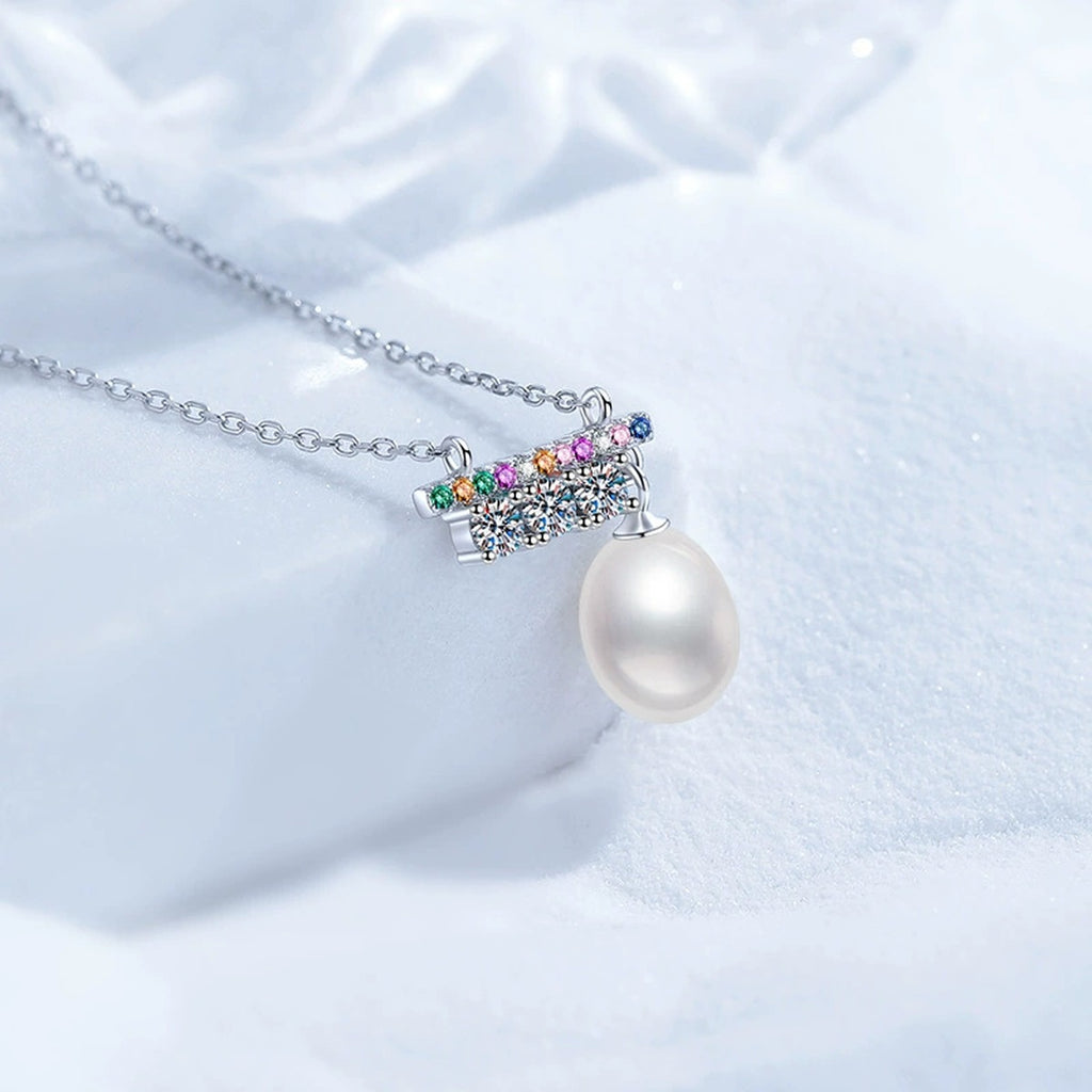 Bar Moissanite Freshwater Pearl Pendant Necklace with Cubic Zirconia in White Gold-Plated S925 Sterling Silver close-up product detail view