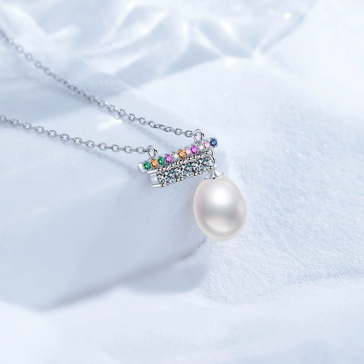 Bar Moissanite Freshwater Pearl Pendant Necklace with Cubic Zirconia in White Gold-Plated S925 Sterling Silver close-up product detail view