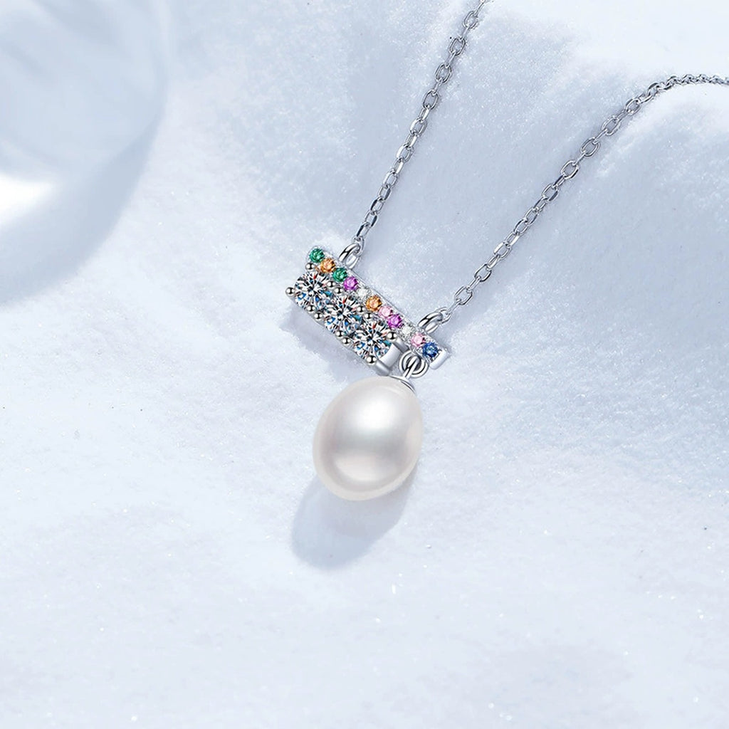 Bar Moissanite Freshwater Pearl Pendant Necklace with Cubic Zirconia in White Gold-Plated S925 Sterling Silver close-up product detail view