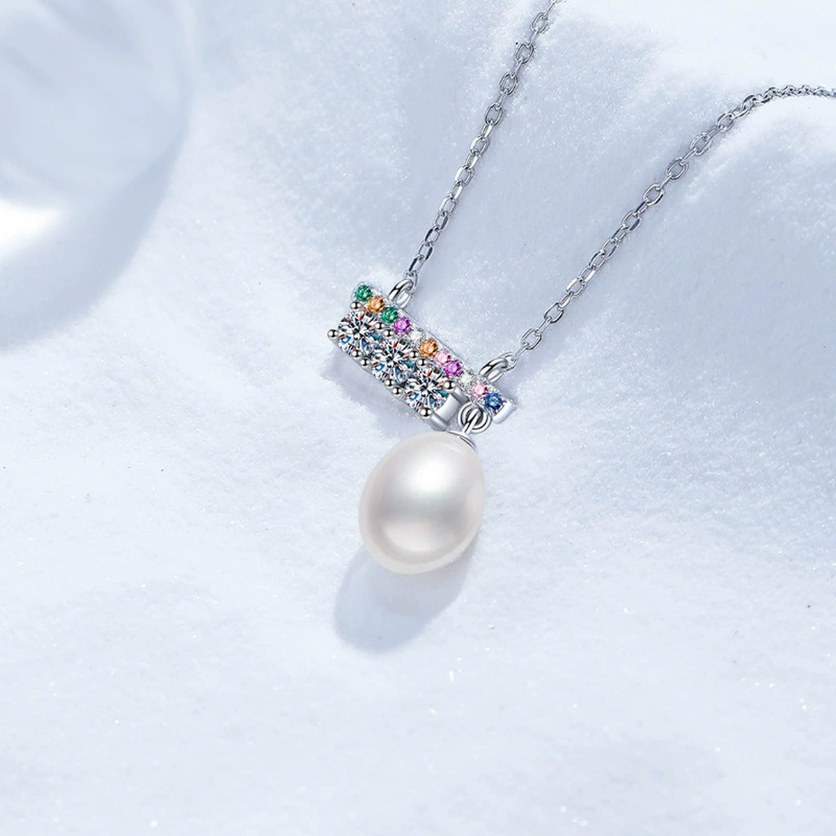 Bar Moissanite Freshwater Pearl Pendant Necklace with Cubic Zirconia in White Gold-Plated S925 Sterling Silver close-up product detail view
