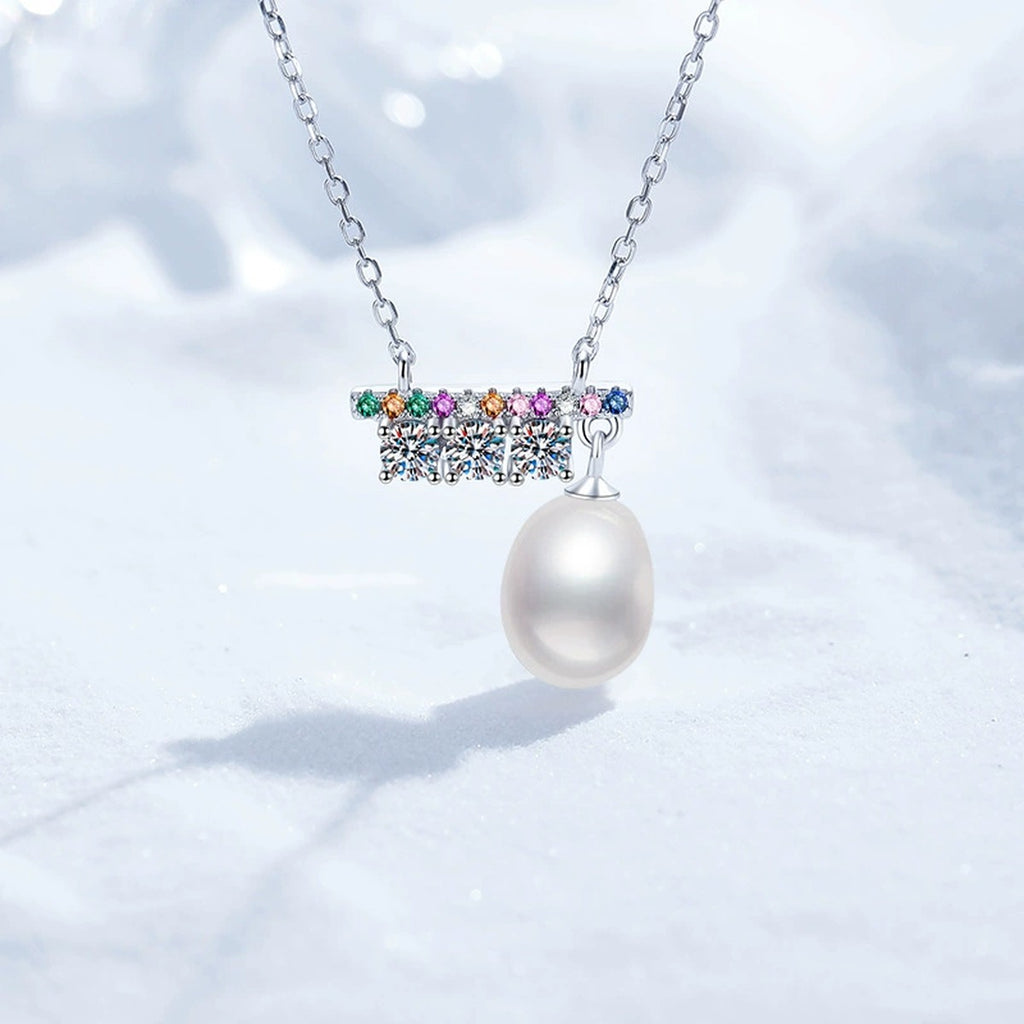 Bar Moissanite Freshwater Pearl Pendant Necklace with Cubic Zirconia in White Gold-Plated S925 Sterling Silver close-up product detail view