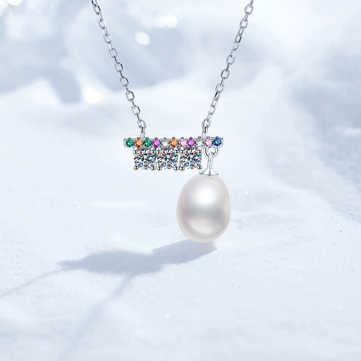 Bar Moissanite Freshwater Pearl Pendant Necklace with Cubic Zirconia in White Gold-Plated S925 Sterling Silver close-up product detail view