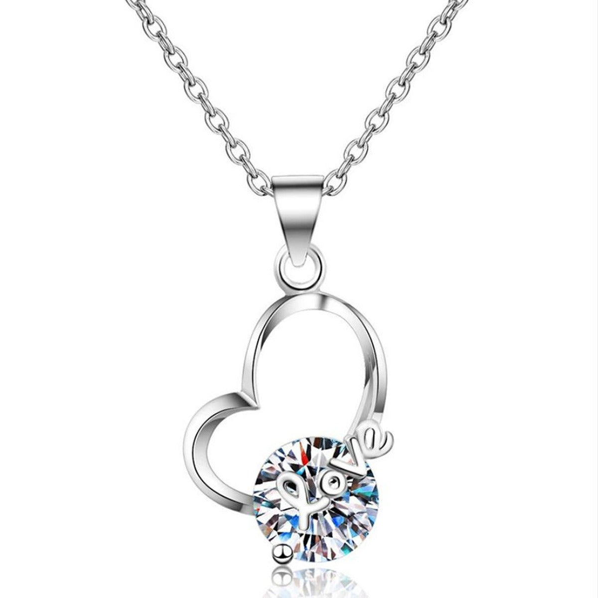 Open Heart Moissanite Pendant Necklace in Platinum-Plated S925 Sterling Silver on clean white background showing the open heart pendant wrapped around a round moissanite