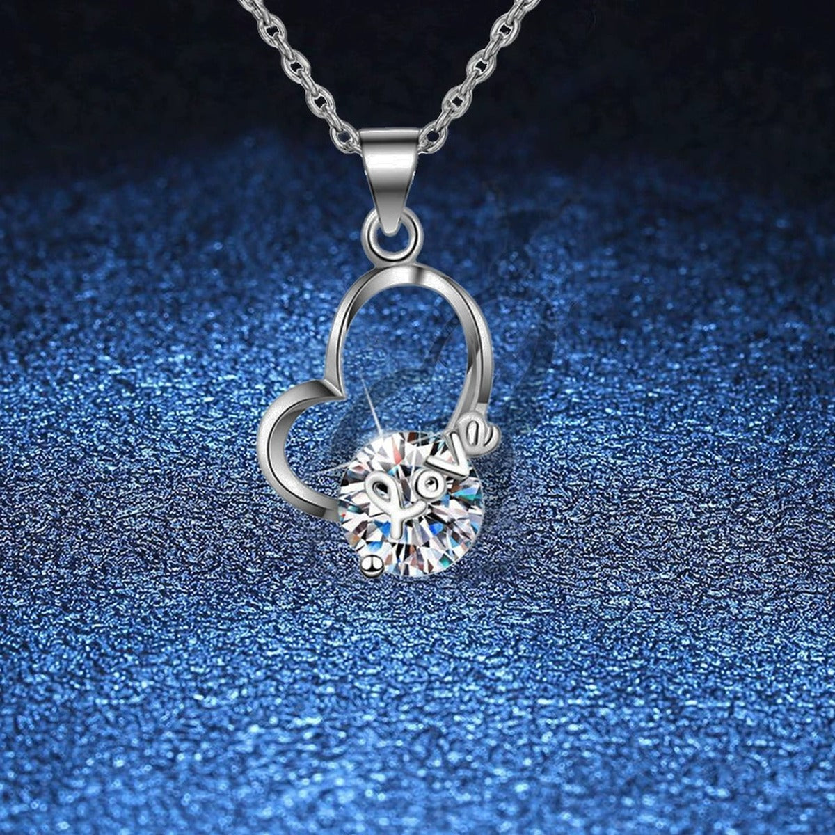 Open Heart Moissanite Pendant Necklace in Platinum-Plated S925 Sterling Silver blue background product view