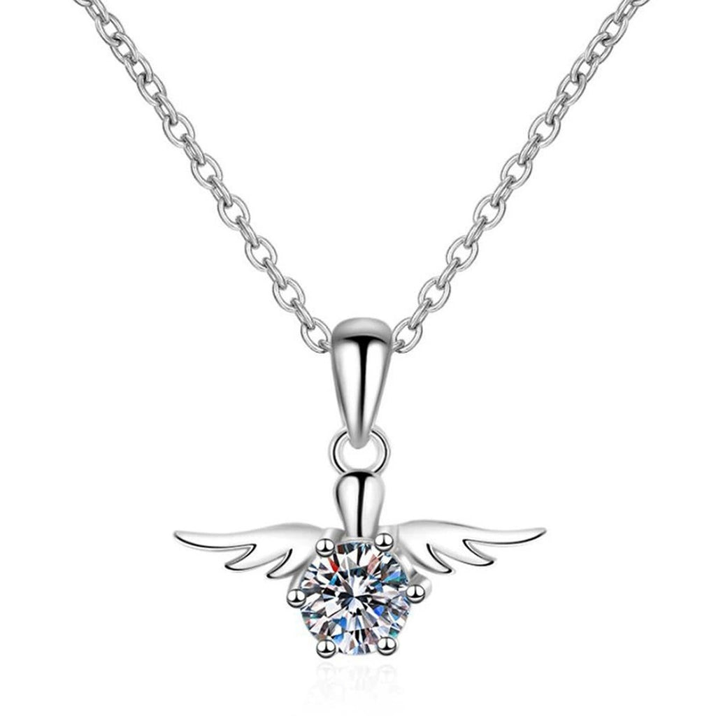 Angel Wing Moissanite Pendant Necklace in Platinum-Plated S925 Sterling Silver on clean white background showing the angel wing pendant with a round moissanite center