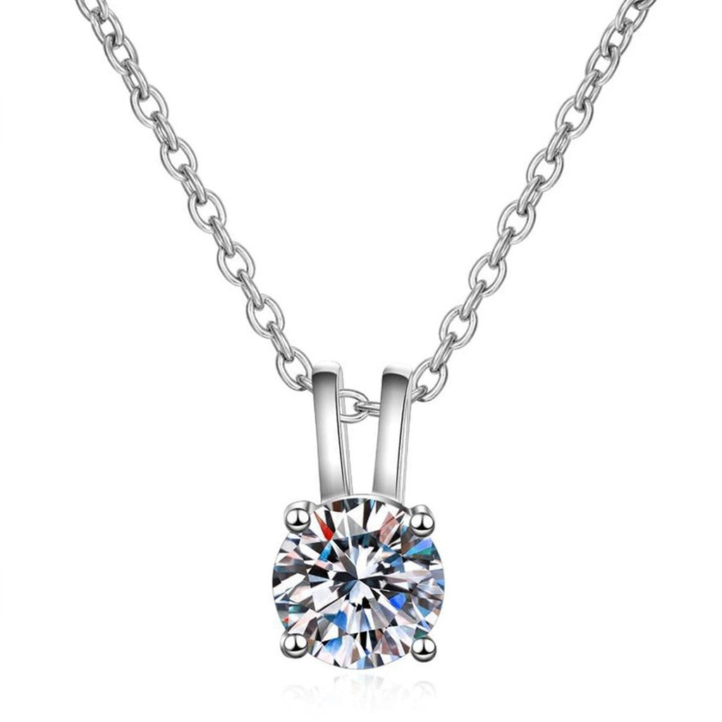 Round Solitaire Moissanite Pendant Necklace in Platinum-Plated S925 Sterling Silver on clean white background showing the minimal round solitaire pendant with a polished bail