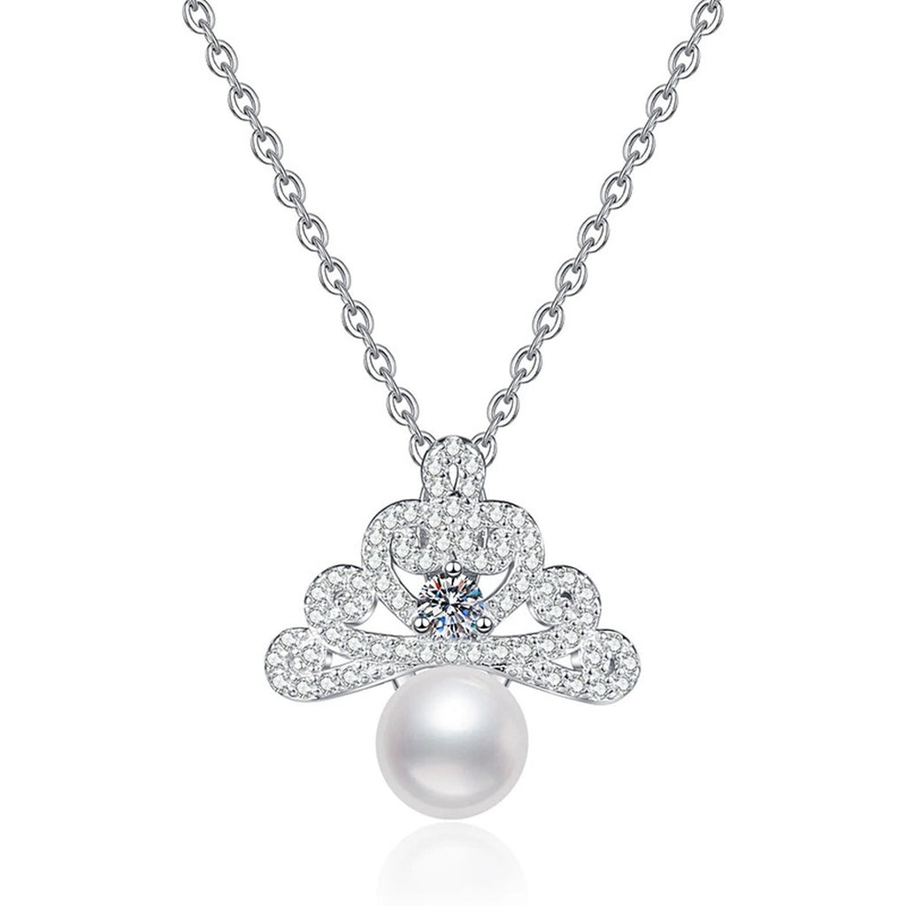 Crown Pearl Moissanite Pendant Necklace with Cubic Zirconia in White Gold-Plated S925 Sterling Silver on clean white background showing the crown-like pearl pendant with a moissanite accent