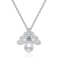 Crown Pearl Moissanite Pendant Necklace with Cubic Zirconia in White Gold-Plated S925 Sterling Silver on clean white background showing the crown-like pearl pendant with a moissanite accent