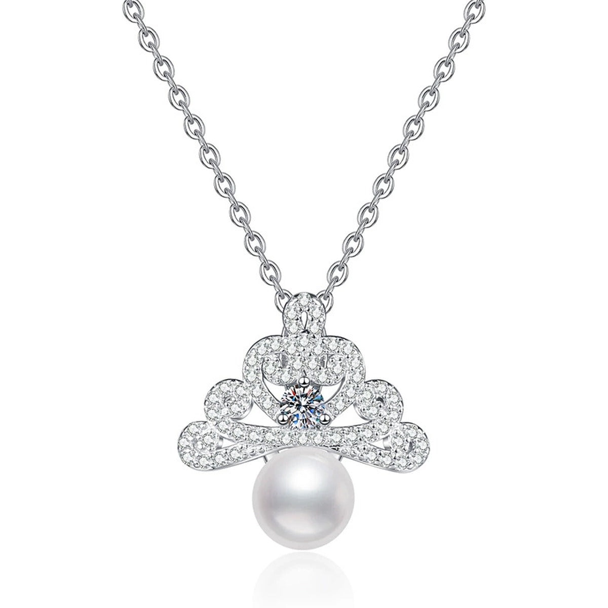 Crown Pearl Moissanite Pendant Necklace with Cubic Zirconia in White Gold-Plated S925 Sterling Silver on clean white background showing the crown-like pearl pendant with a moissanite accent