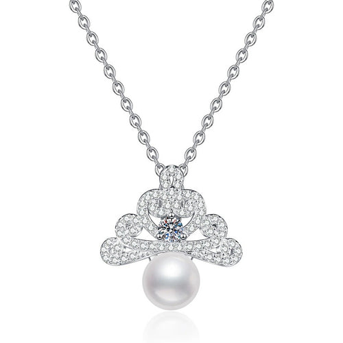 Crown Pearl Moissanite Pendant Necklace with Cubic Zirconia in White Gold-Plated S925 Sterling Silver on clean white background showing the crown-like pearl pendant with a moissanite accent