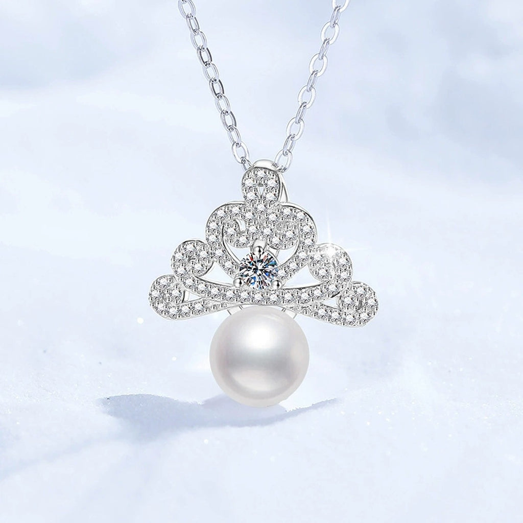 Crown Pearl Moissanite Pendant Necklace with Cubic Zirconia in White Gold-Plated S925 Sterling Silver close-up product detail view
