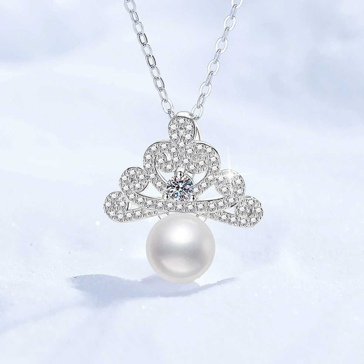 Crown Pearl Moissanite Pendant Necklace with Cubic Zirconia in White Gold-Plated S925 Sterling Silver close-up product detail view