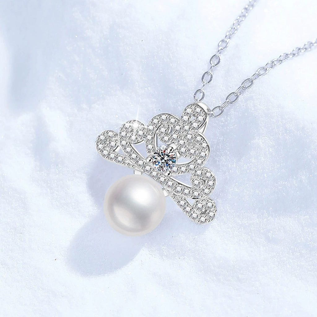 Crown Pearl Moissanite Pendant Necklace with Cubic Zirconia in White Gold-Plated S925 Sterling Silver close-up product detail view