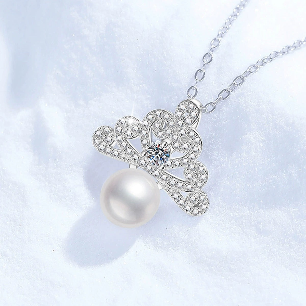 Crown Pearl Moissanite Pendant Necklace with Cubic Zirconia in White Gold-Plated S925 Sterling Silver close-up product detail view
