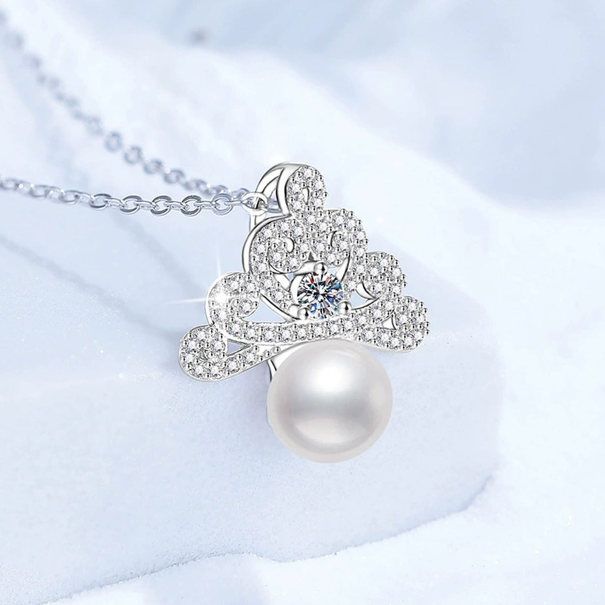 Crown Pearl Moissanite Pendant Necklace with Cubic Zirconia in White Gold-Plated S925 Sterling Silver close-up product detail view