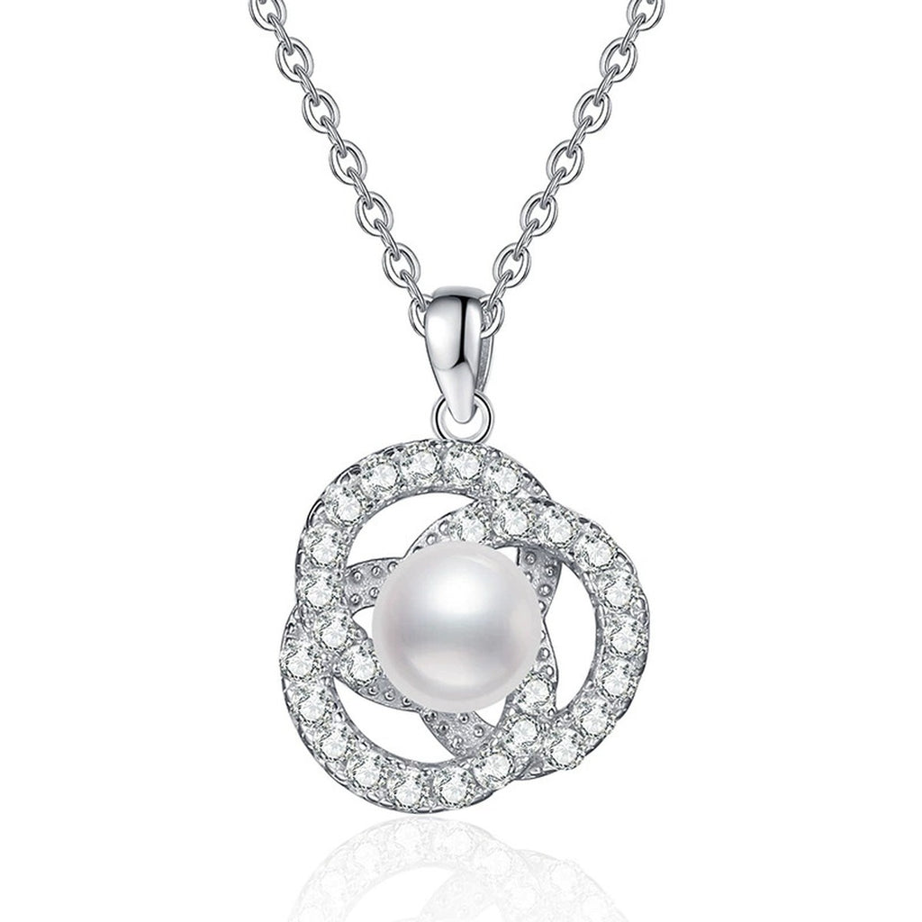 Circle Freshwater Pearl Pendant Necklace with Cubic Zirconia in White Gold-Plated S925 Sterling Silver on clean white background showing the open circle pendant with freshwater pearl detail and cubic zirconia accents