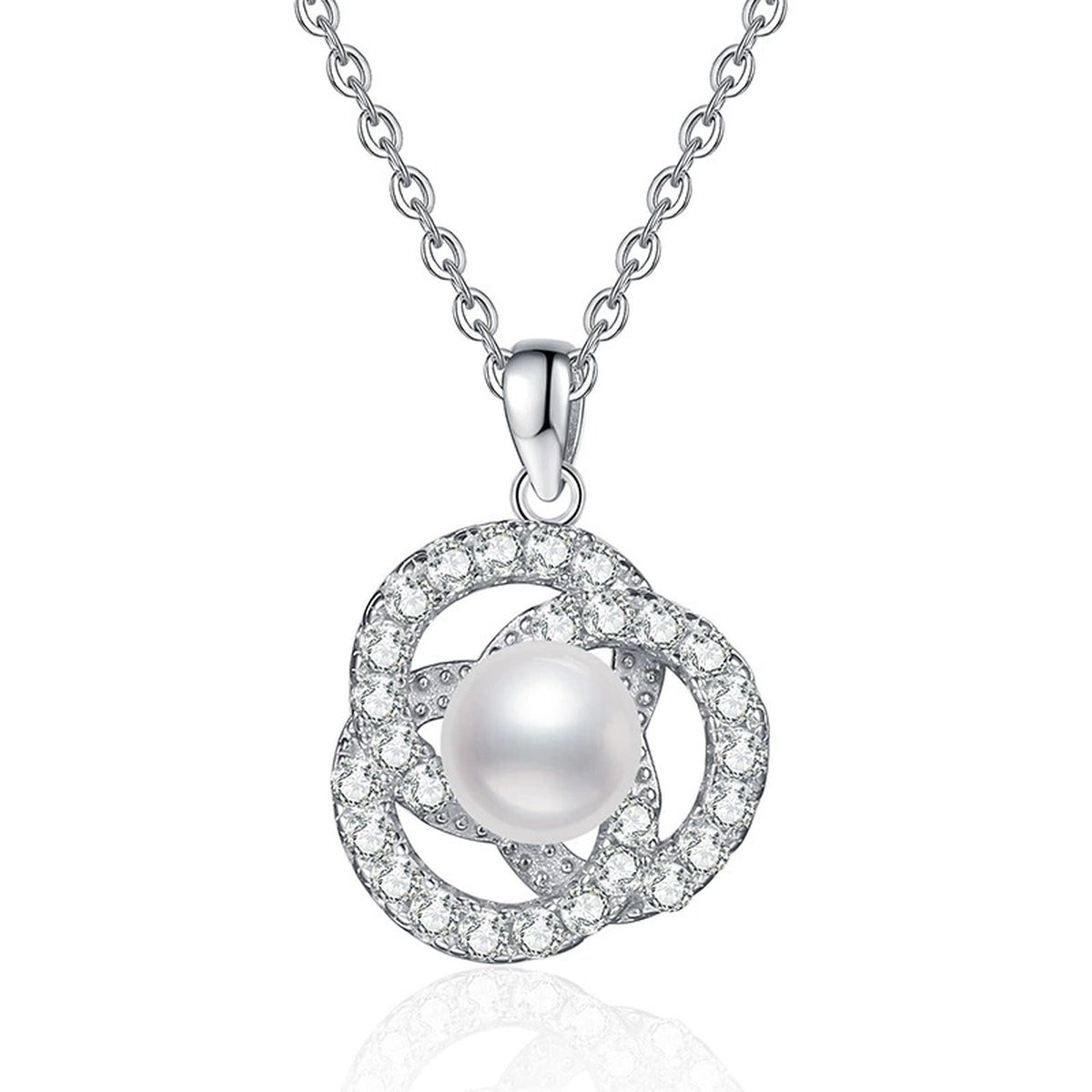 Circle Freshwater Pearl Pendant Necklace with Cubic Zirconia in White Gold-Plated S925 Sterling Silver on clean white background showing the open circle pendant with freshwater pearl detail and cubic zirconia accents