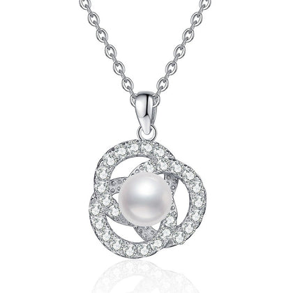 Circle Freshwater Pearl Pendant Necklace with Cubic Zirconia in White Gold-Plated S925 Sterling Silver on clean white background showing the open circle pendant with freshwater pearl detail and cubic zirconia accents