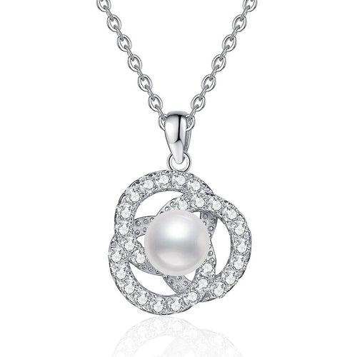 Circle Freshwater Pearl Pendant Necklace with Cubic Zirconia in White Gold-Plated S925 Sterling Silver on clean white background showing the open circle pendant with freshwater pearl detail and cubic zirconia accents