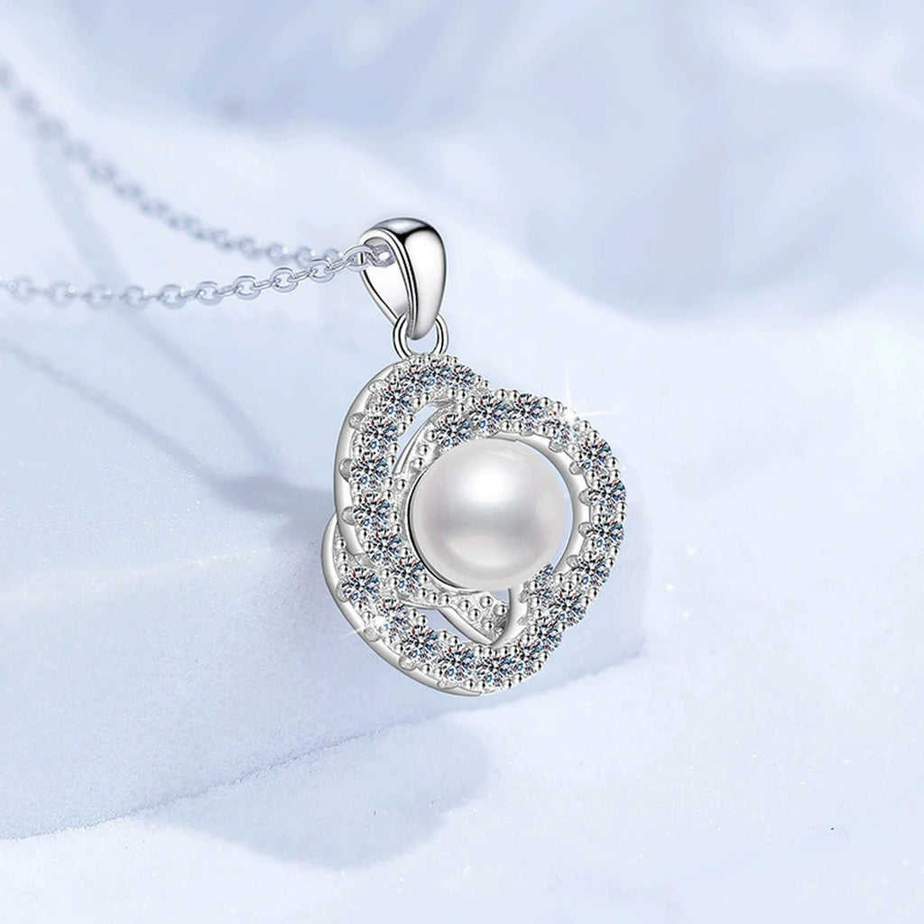 Circle Freshwater Pearl Pendant Necklace with Cubic Zirconia in White Gold-Plated S925 Sterling Silver close-up product detail view