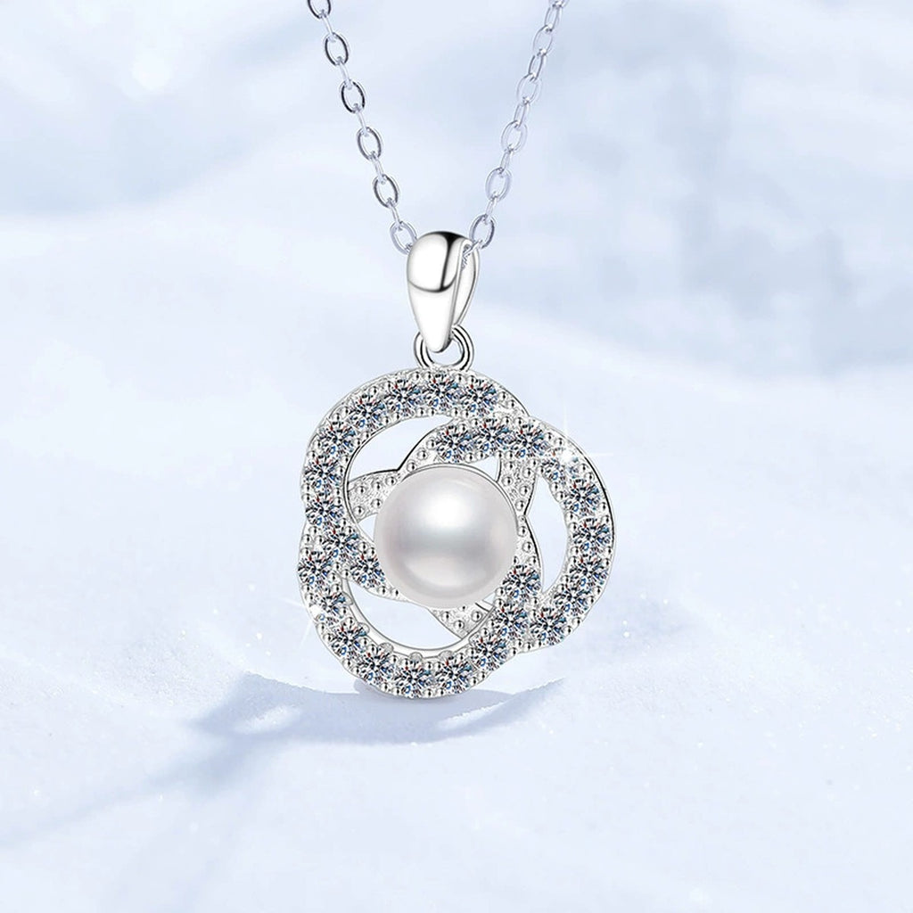 Circle Freshwater Pearl Pendant Necklace with Cubic Zirconia in White Gold-Plated S925 Sterling Silver close-up product detail view