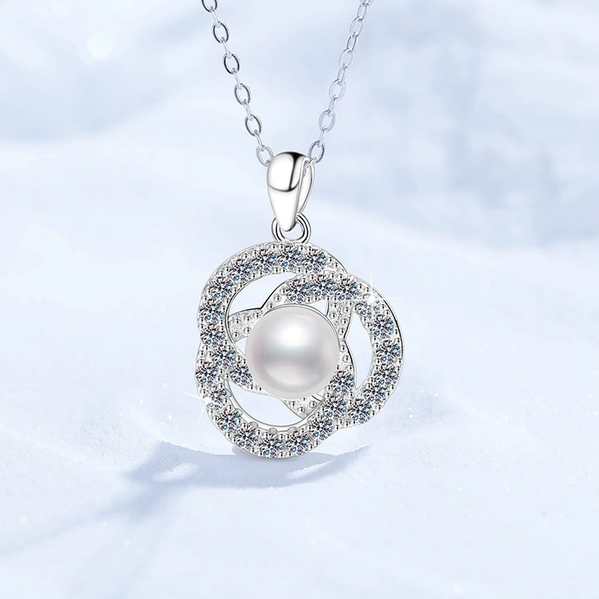 Circle Freshwater Pearl Pendant Necklace with Cubic Zirconia in White Gold-Plated S925 Sterling Silver close-up product detail view