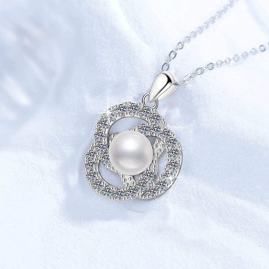 Circle Freshwater Pearl Pendant Necklace with Cubic Zirconia in White Gold-Plated S925 Sterling Silver close-up product detail view