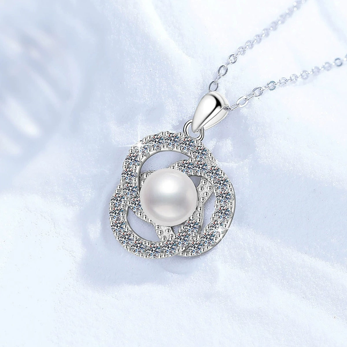 Circle Freshwater Pearl Pendant Necklace with Cubic Zirconia in White Gold-Plated S925 Sterling Silver close-up product detail view