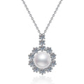 Round Halo Moissanite Freshwater Pearl Pendant Necklace in White Gold-Plated S925 Sterling Silver on clean white background showing the round halo pearl pendant with moissanite detail