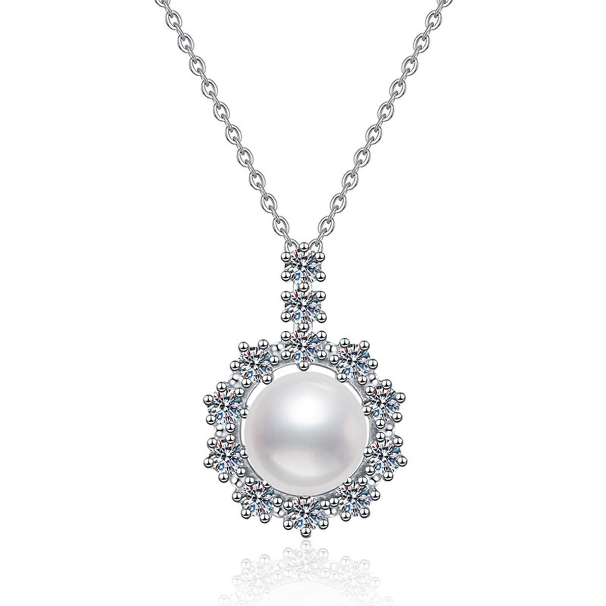 Round Halo Moissanite Freshwater Pearl Pendant Necklace in White Gold-Plated S925 Sterling Silver on clean white background showing the round halo pearl pendant with moissanite detail