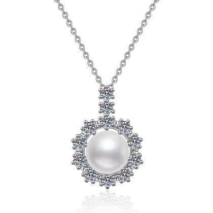 Round Halo Moissanite Freshwater Pearl Pendant Necklace in White Gold-Plated S925 Sterling Silver on clean white background showing the round halo pearl pendant with moissanite detail