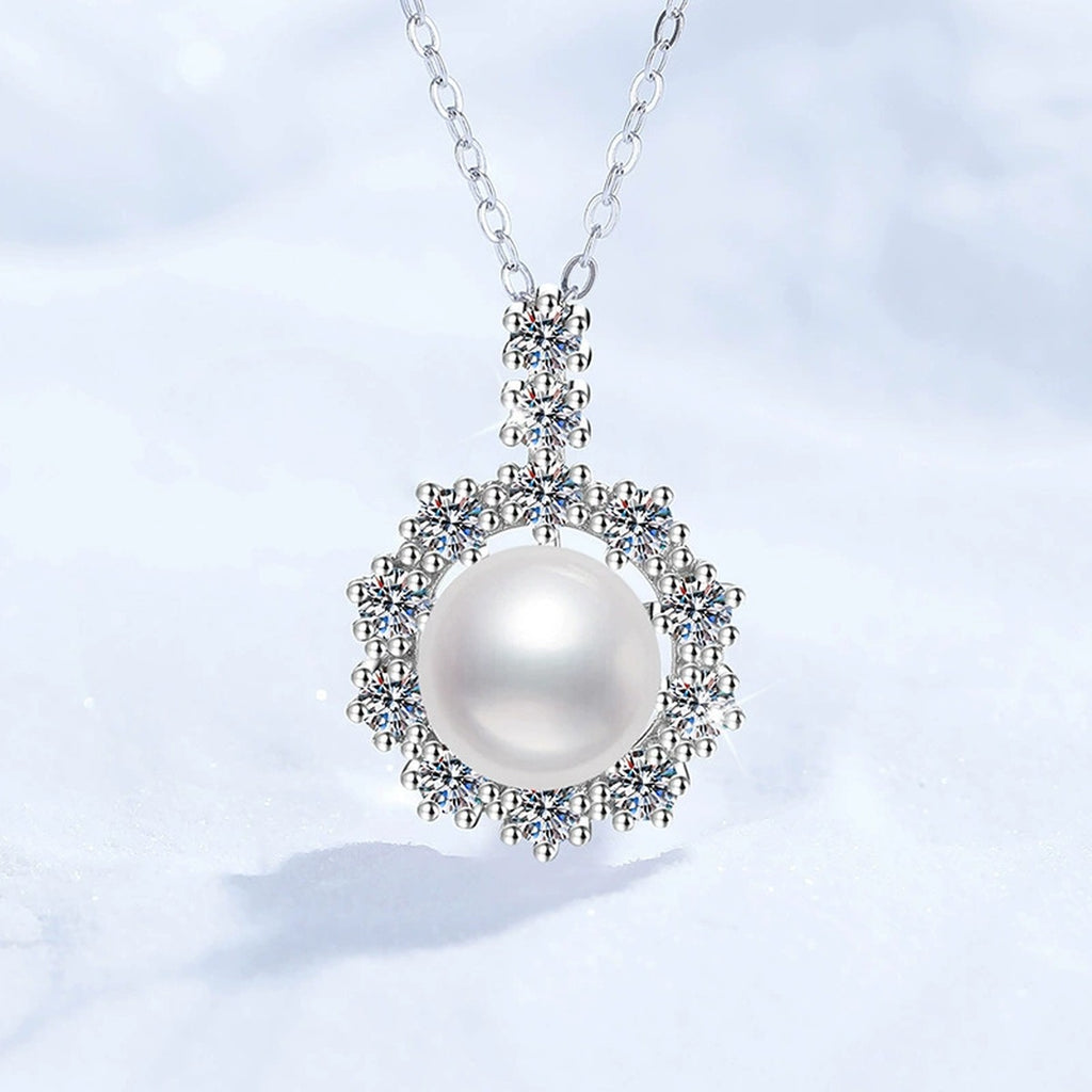 Round Halo Moissanite Freshwater Pearl Pendant Necklace in White Gold-Plated S925 Sterling Silver close-up product detail view