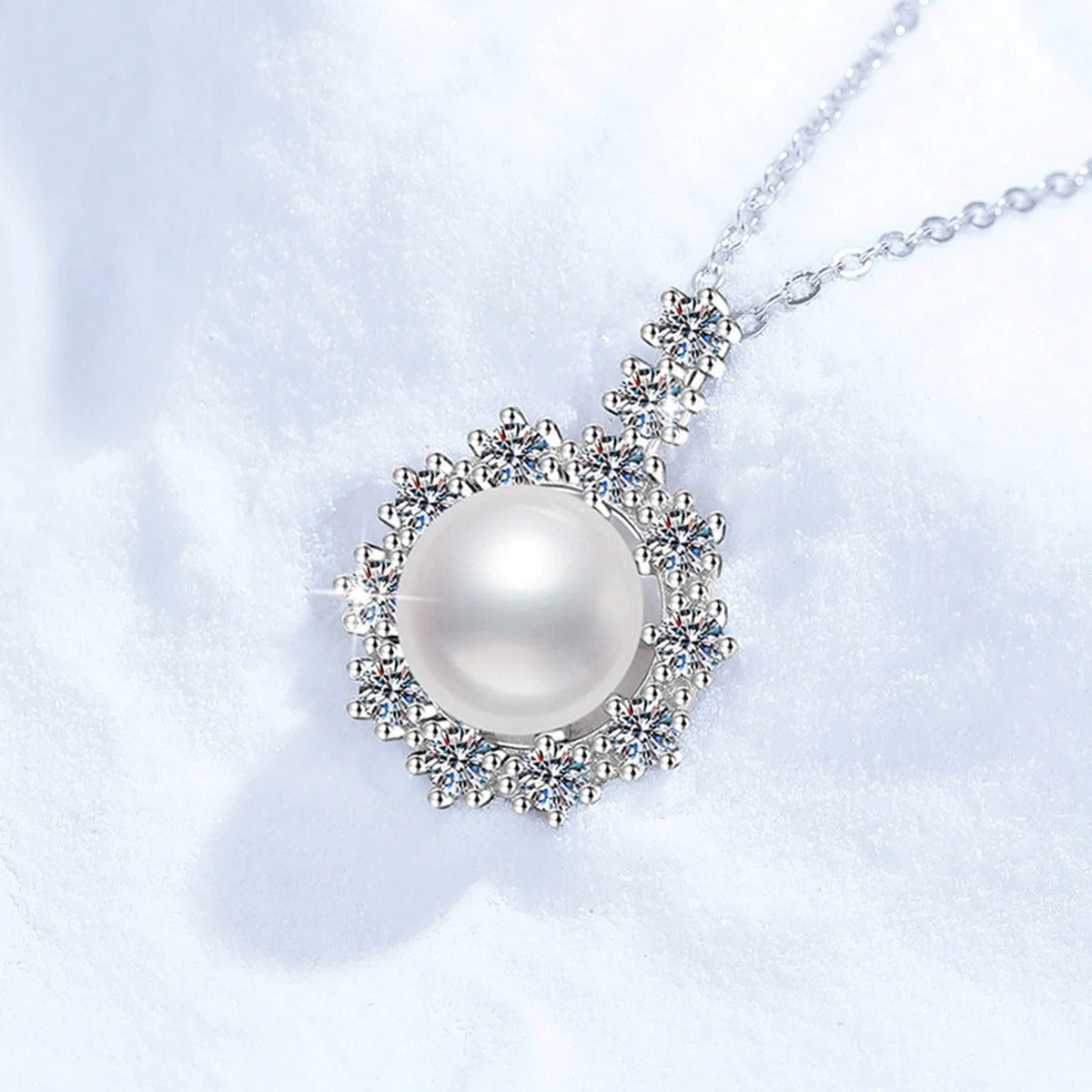 Round Halo Moissanite Freshwater Pearl Pendant Necklace in White Gold-Plated S925 Sterling Silver close-up product detail view