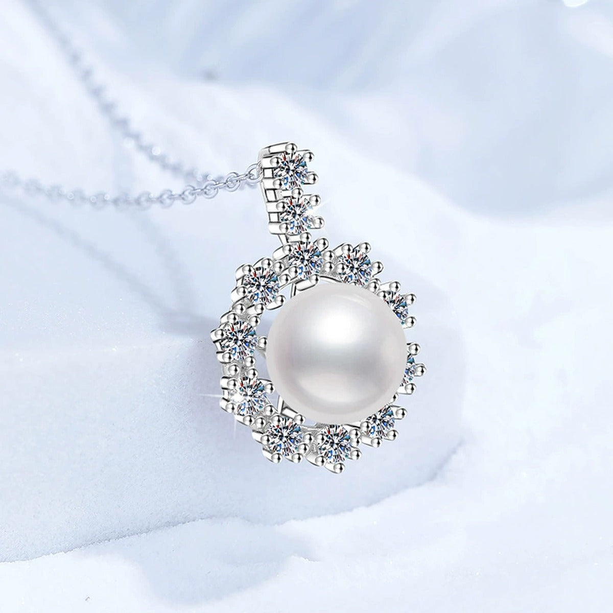 Round Halo Moissanite Freshwater Pearl Pendant Necklace in White Gold-Plated S925 Sterling Silver close-up product detail view