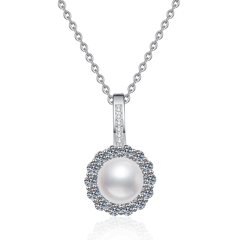 Round Halo Moissanite Freshwater Pearl Pendant Necklace with Cubic Zirconia in White Gold-Plated S925 Sterling Silver on clean white background showing the round halo pearl pendant with cubic zirconia accents