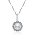 Round Halo Moissanite Freshwater Pearl Pendant Necklace with Cubic Zirconia in White Gold-Plated S925 Sterling Silver on clean white background showing the round halo pearl pendant with cubic zirconia accents
