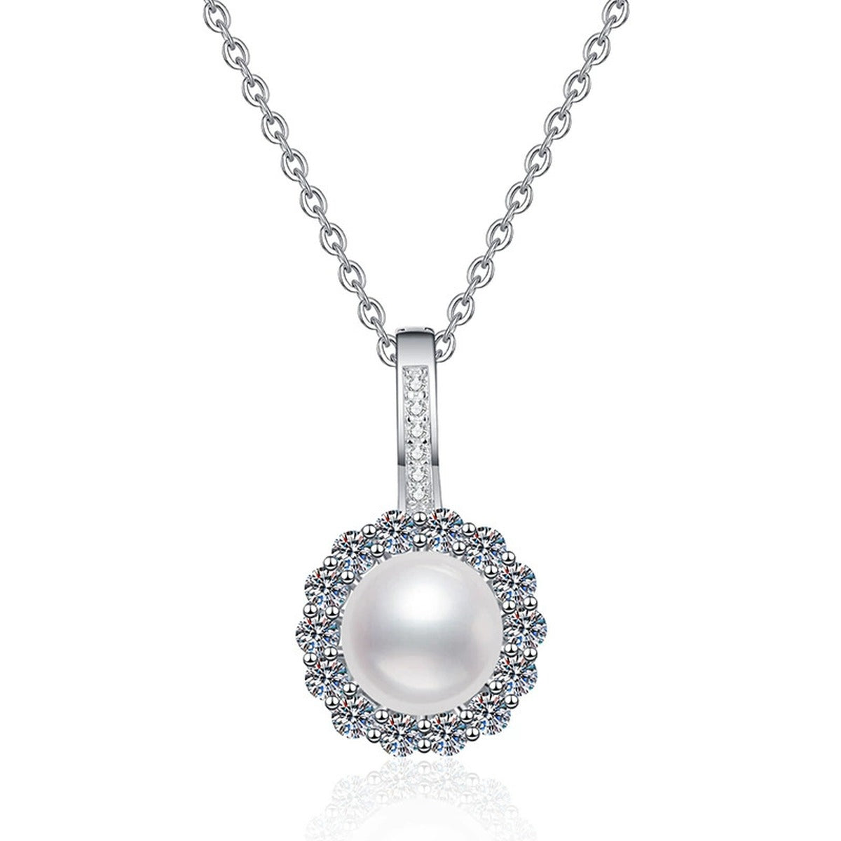 Round Halo Moissanite Freshwater Pearl Pendant Necklace with Cubic Zirconia in White Gold-Plated S925 Sterling Silver on clean white background showing the round halo pearl pendant with cubic zirconia accents