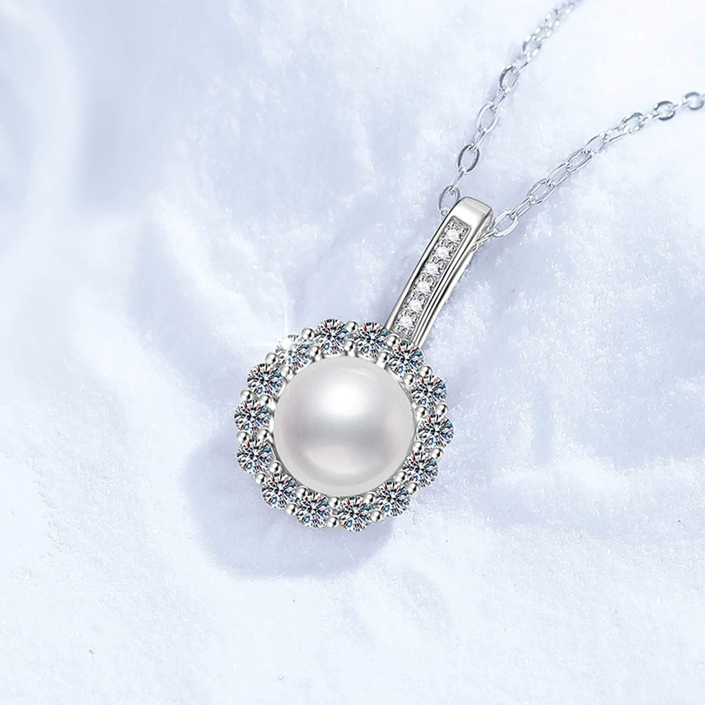Round Halo Moissanite Freshwater Pearl Pendant Necklace with Cubic Zirconia in White Gold-Plated S925 Sterling Silver close-up product detail view