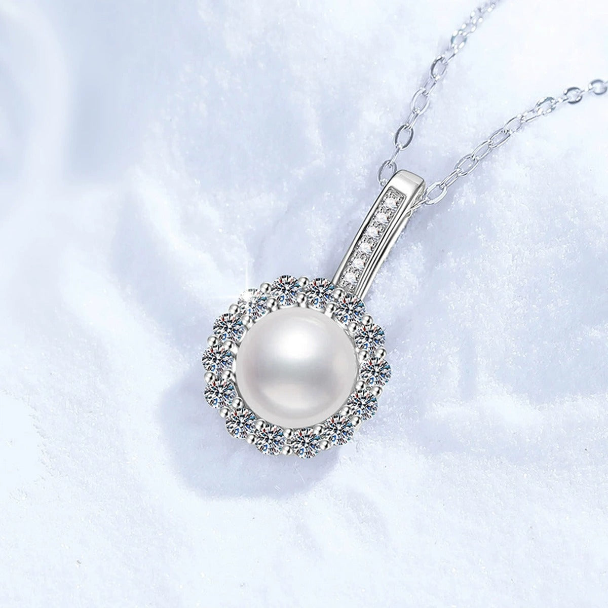 Round Halo Moissanite Freshwater Pearl Pendant Necklace with Cubic Zirconia in White Gold-Plated S925 Sterling Silver close-up product detail view