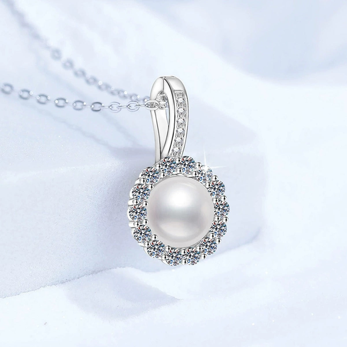 Round Halo Moissanite Freshwater Pearl Pendant Necklace with Cubic Zirconia in White Gold-Plated S925 Sterling Silver close-up product detail view