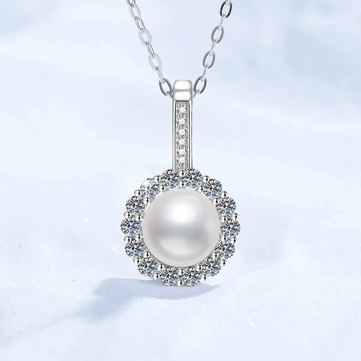Round Halo Moissanite Freshwater Pearl Pendant Necklace with Cubic Zirconia in White Gold-Plated S925 Sterling Silver close-up product detail view