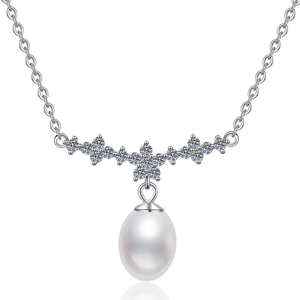 Station Moissanite Freshwater Pearl Necklace in White Gold-Plated S925 Sterling Silver on clean white background showing the station-style necklace with a rice-shaped freshwater pearl