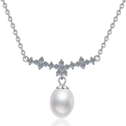 Station Moissanite Freshwater Pearl Necklace in White Gold-Plated S925 Sterling Silver on clean white background showing the station-style necklace with a rice-shaped freshwater pearl