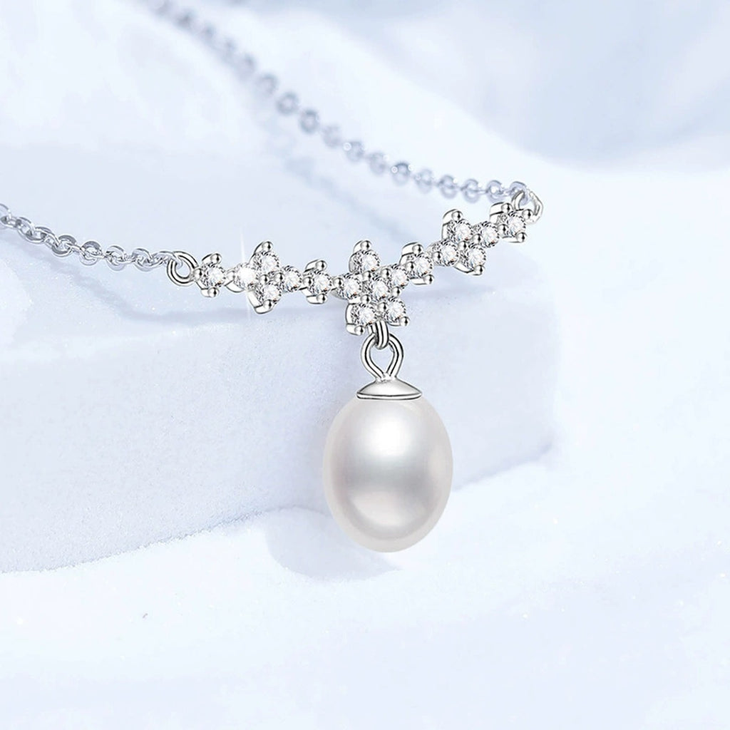 Station Moissanite Freshwater Pearl Necklace in White Gold-Plated S925 Sterling Silver close-up product detail view