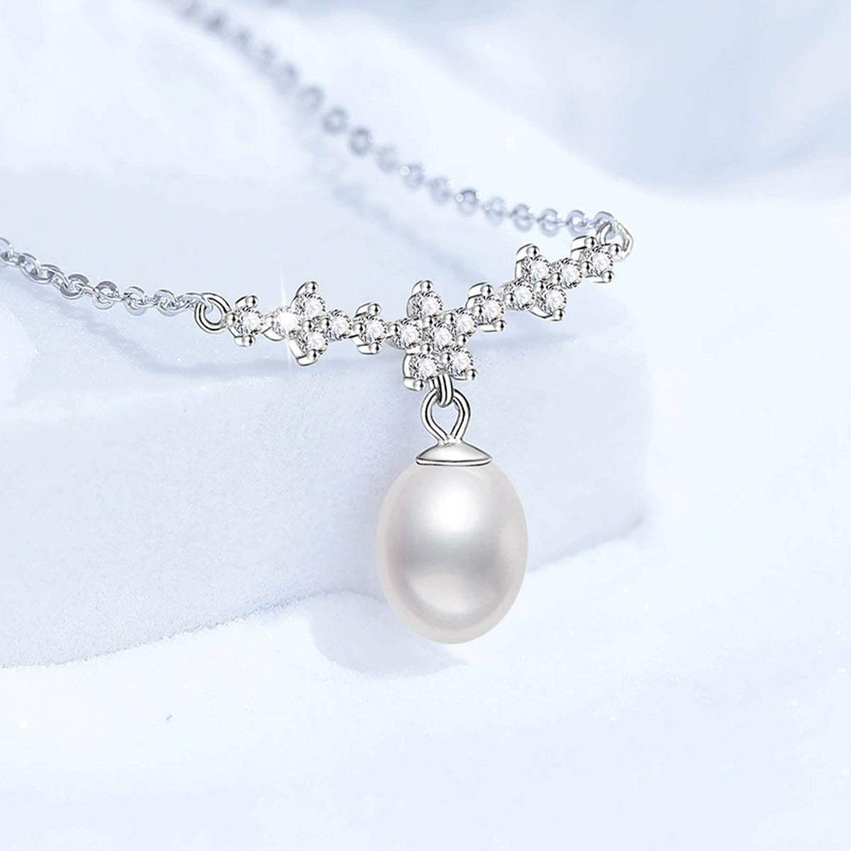 Station Moissanite Freshwater Pearl Necklace in White Gold-Plated S925 Sterling Silver close-up product detail view