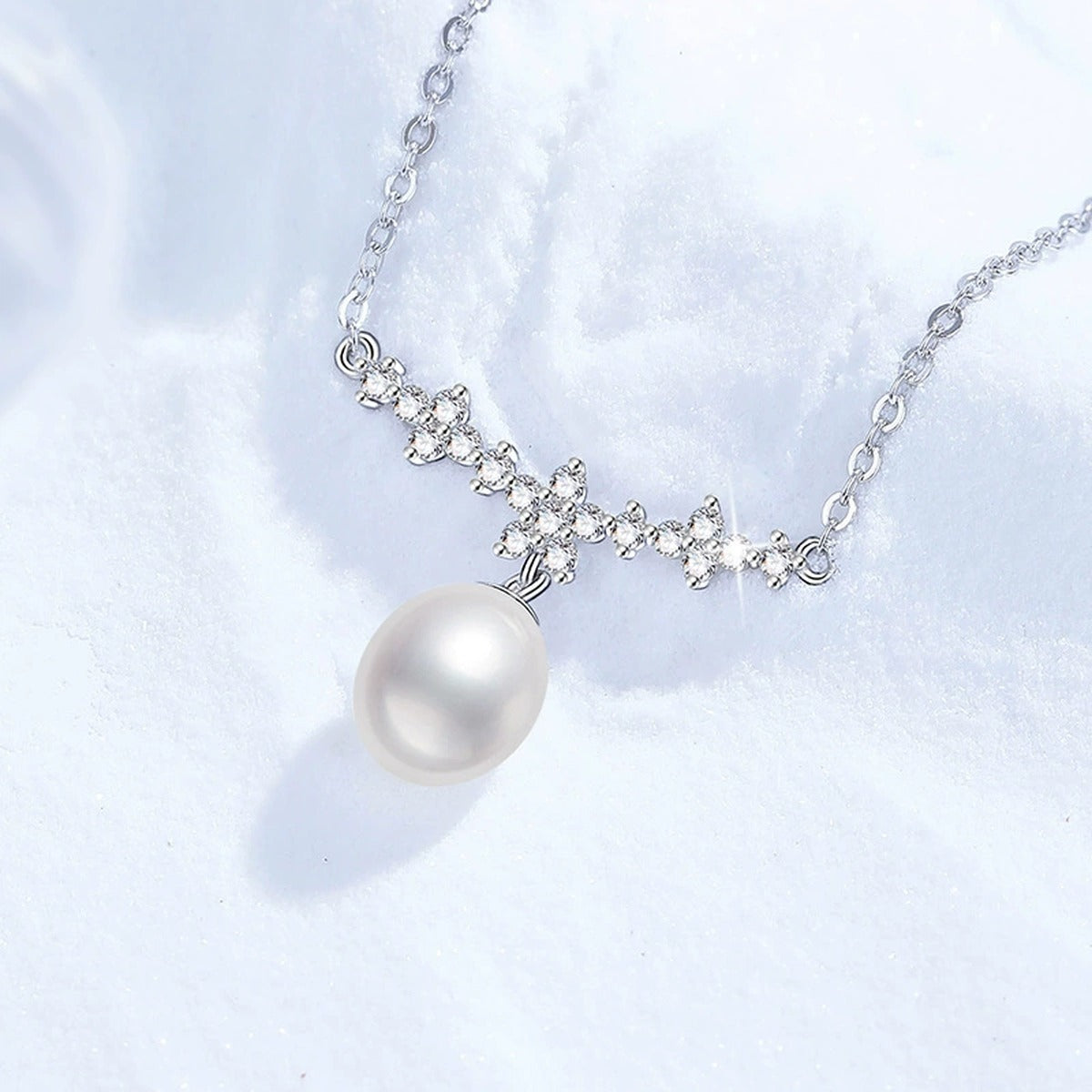 Station Moissanite Freshwater Pearl Necklace in White Gold-Plated S925 Sterling Silver close-up product detail view